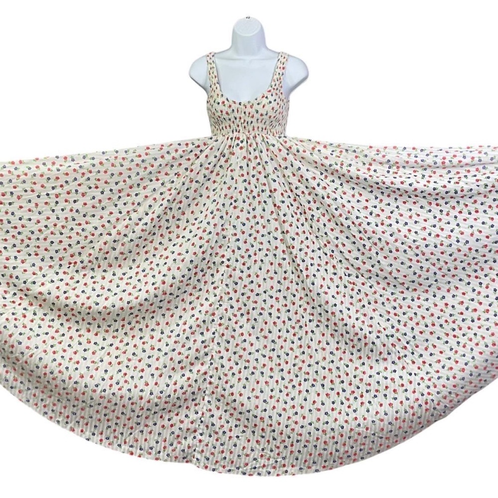 💃SOLD💃  70s hippie striped smocked calico full sweep semi sheer maxi dress - Picture 2 of 9